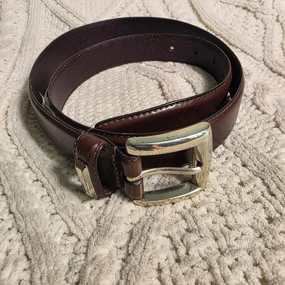 Fossil Leather Belt Brown Logo Keeper Silver Buckle Mens Large Excellent